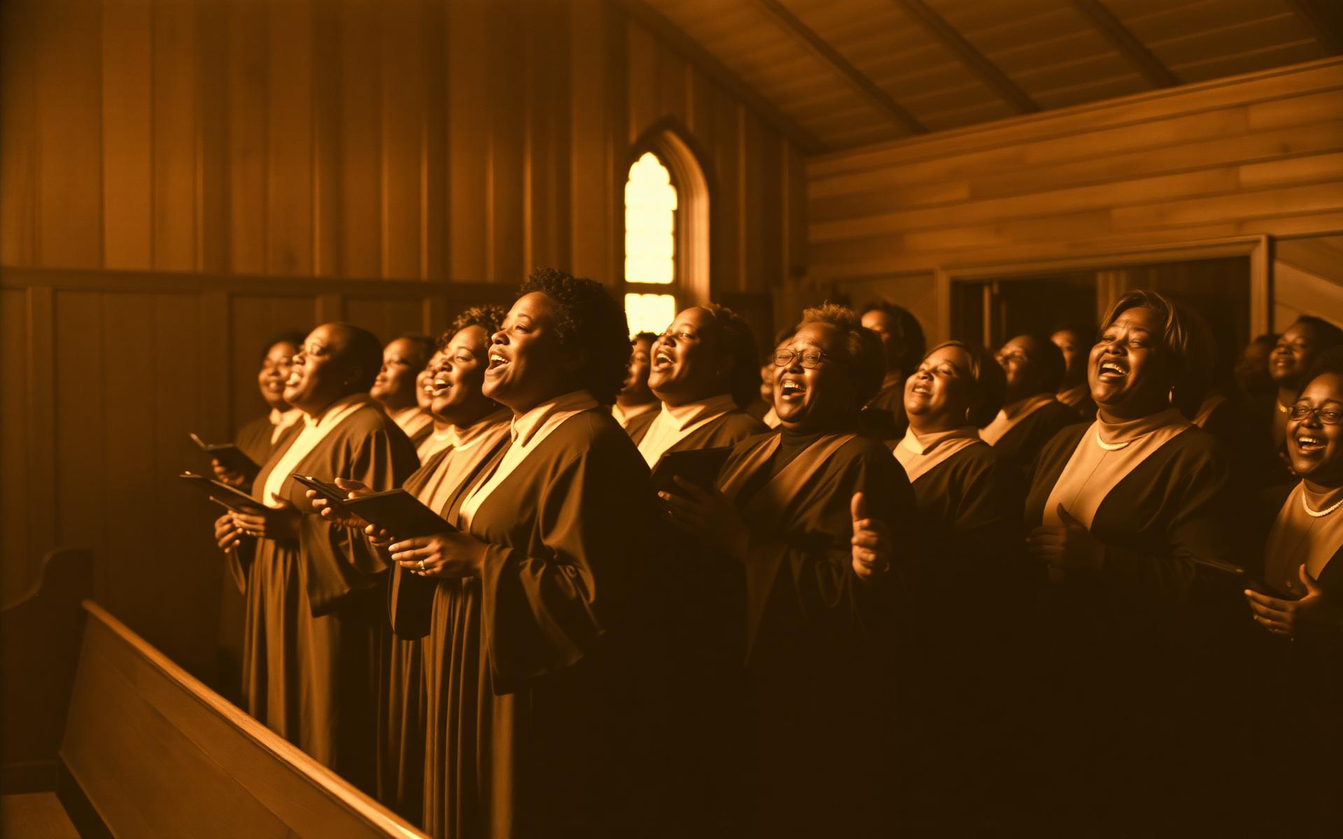 Black Southern gospel choir singing in a historic church